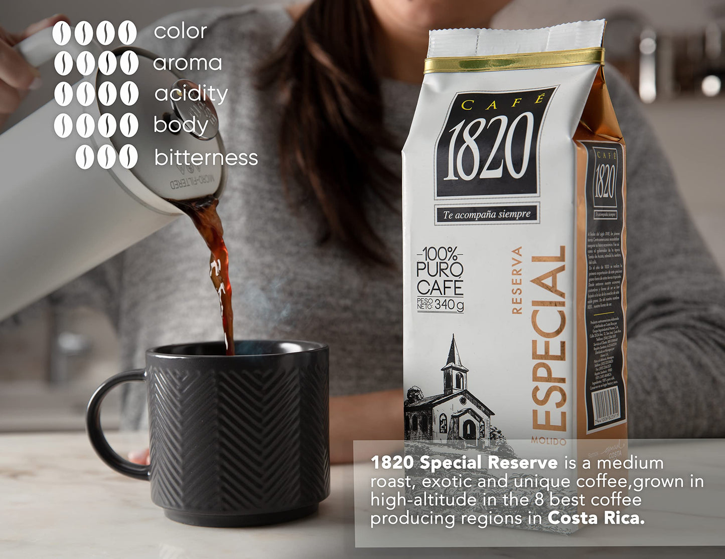 Caf   1820 Special Reserve, Premium Costa Rican Ground Coffee, 100% Arabica, Medium/Dark Roast, High Altitude Blend With Aroma &