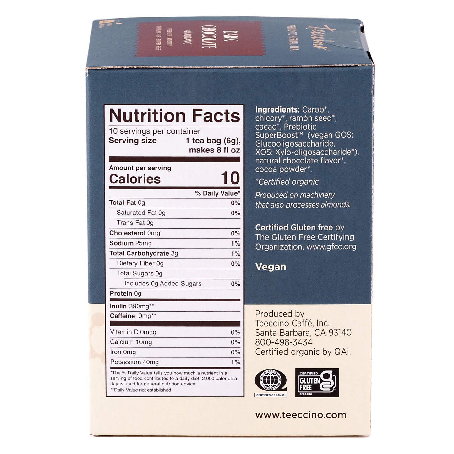 Teeccino Dark Chocolate Herbal Tea - Prebiotic Superboost, 10 Tea Bags