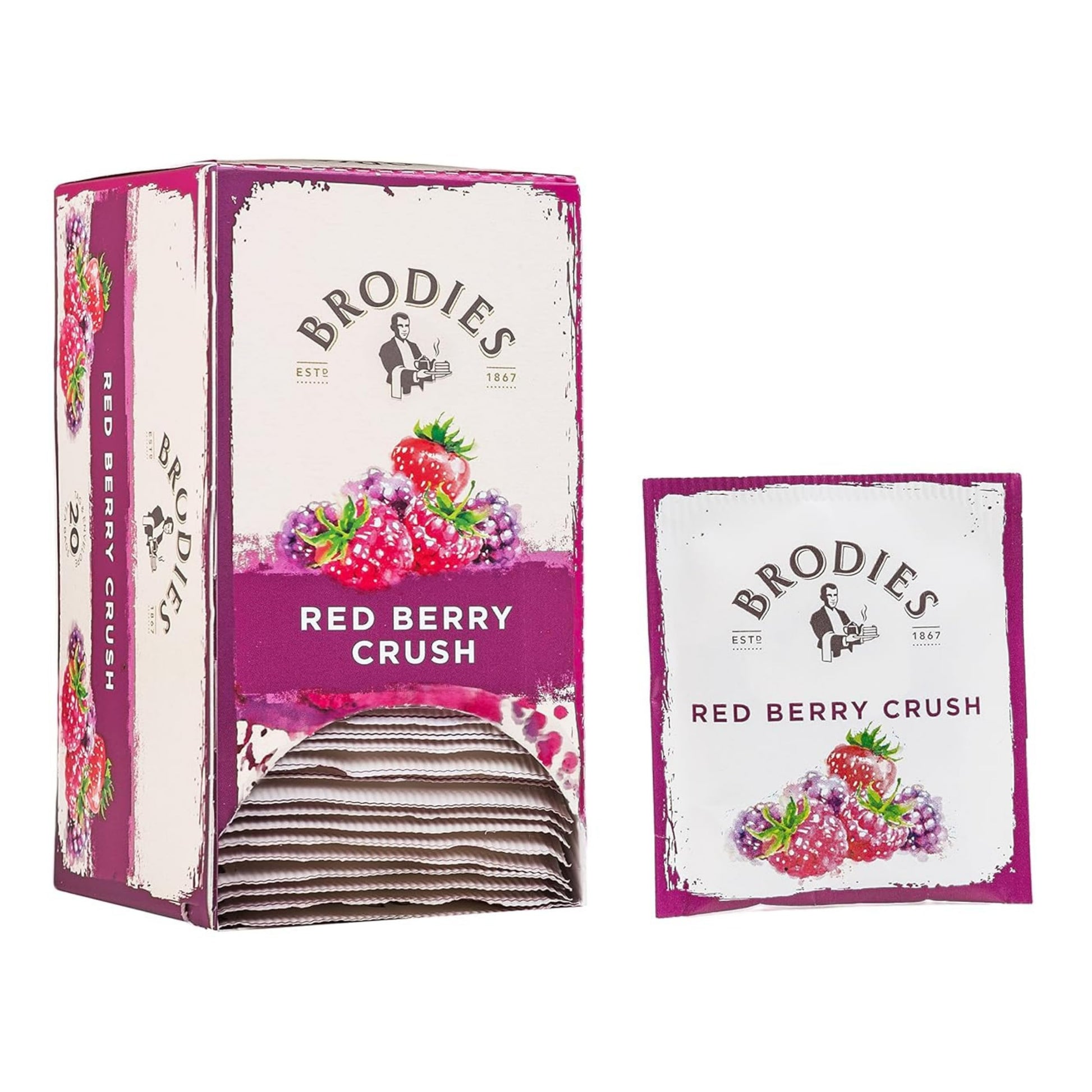 Brodies Tea Red Berry Crush Caffeine Free Tea, 20 Tag & Envelope Bags, Box of 1