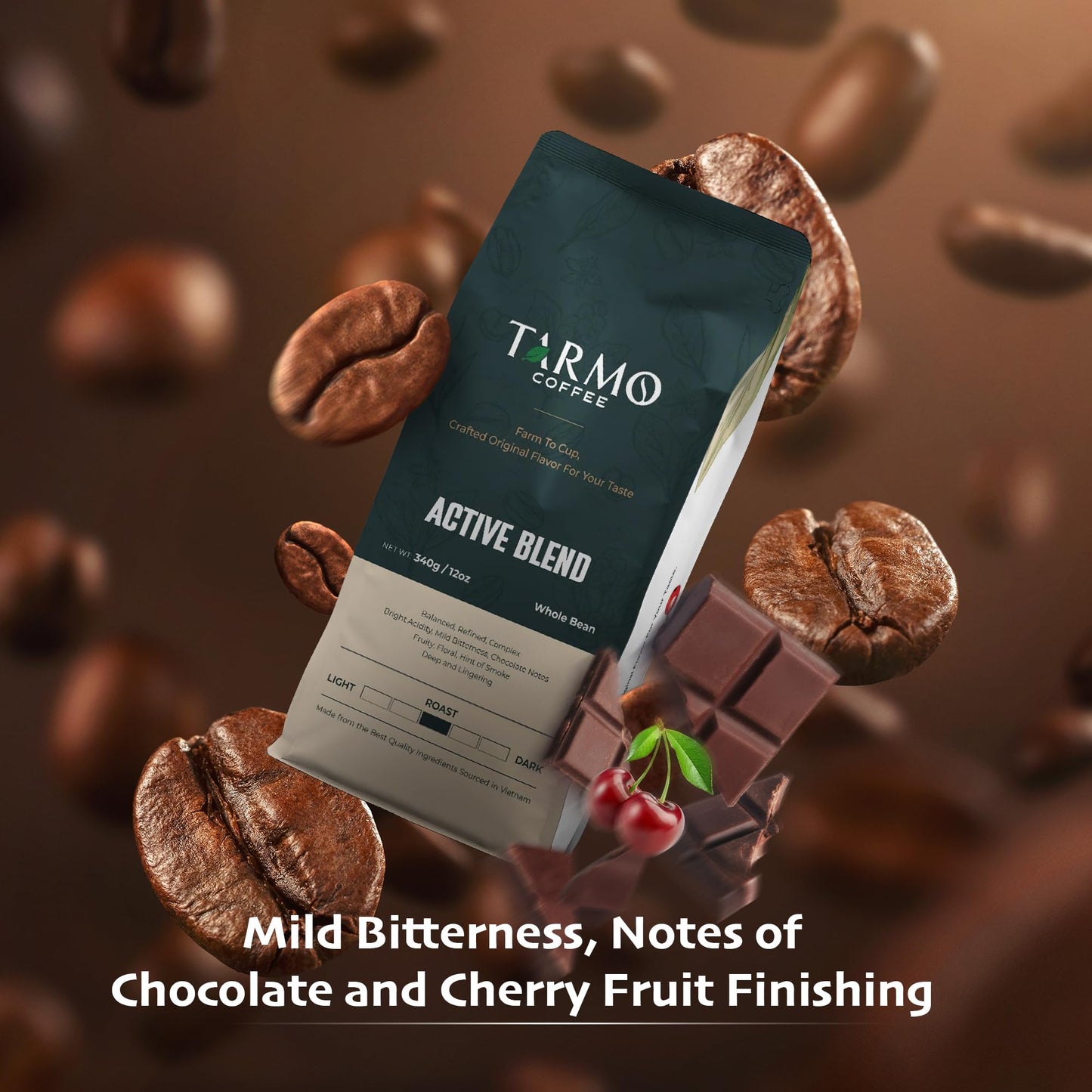 TARMO COFFEE Low Acid Arabica & Robusta Whole Bean Coffee, Medium Roast, 12 Oz Bag