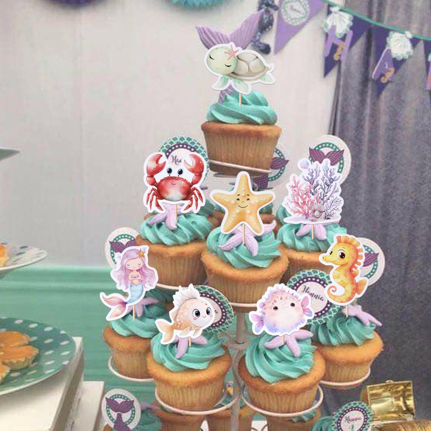 ZHUOWEISM Ocean Animal Cupcake Toppers, 40 PCS Sea Theme Decorations, Turtles, Octopus, Mermaid, Design 8