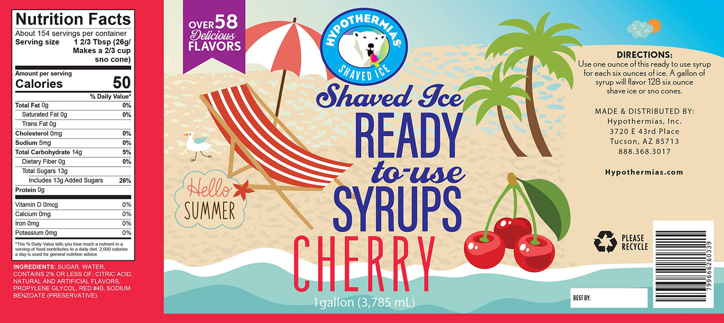 Hypothermias Cherry Ready To Use Gallon (128 Fl. Oz) Hawaiian Snow Cone Flavors Syrup - Shaved Ice, 100% Pure Cane Sugar