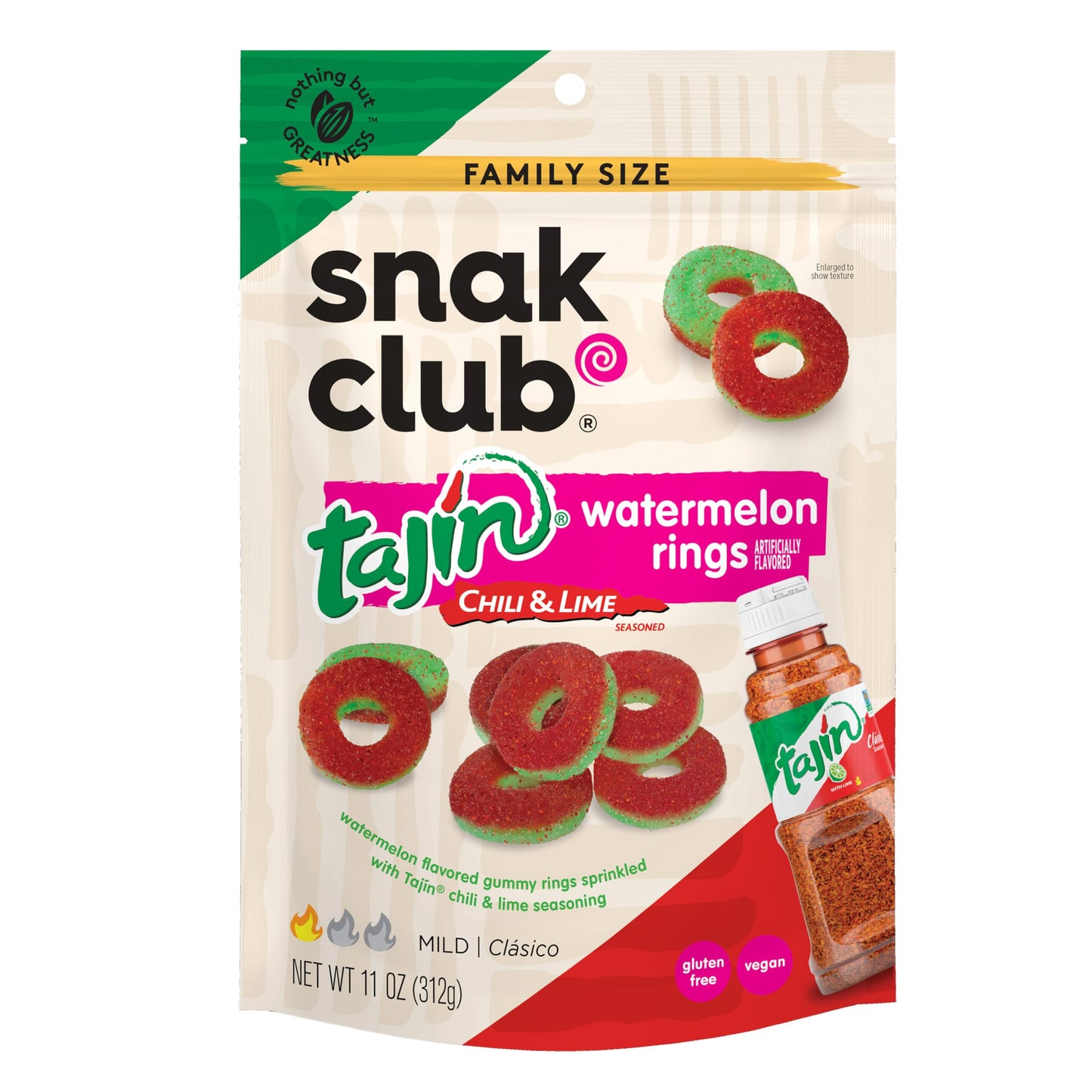 Snak Club Watermelon Rings, Tajin Chili & Lime Seasoned, Sweet and Spicy Gummy Candy, Mild in Heat Bold in Flavor, Low-Fat, Vega