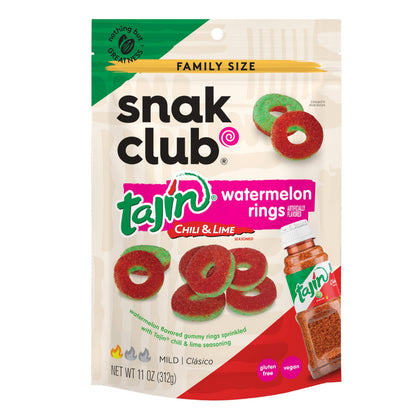 Snak Club Watermelon Rings, Tajin Chili & Lime Seasoned, Sweet and Spicy Gummy Candy, Mild in Heat Bold in Flavor, Low-Fat, Vega