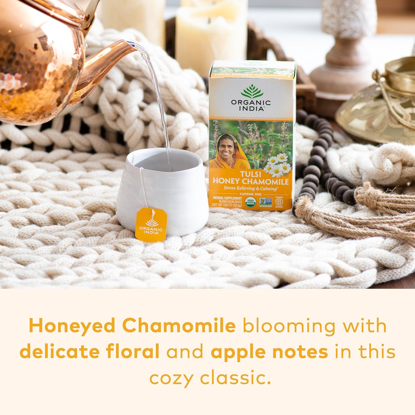 Organic India Tulsi Honey Chamomile Herbal Tea - Stress Relieving, Immune Support, Vegan, Gluten-Free - 18 Infusion Bags, 6 Pack