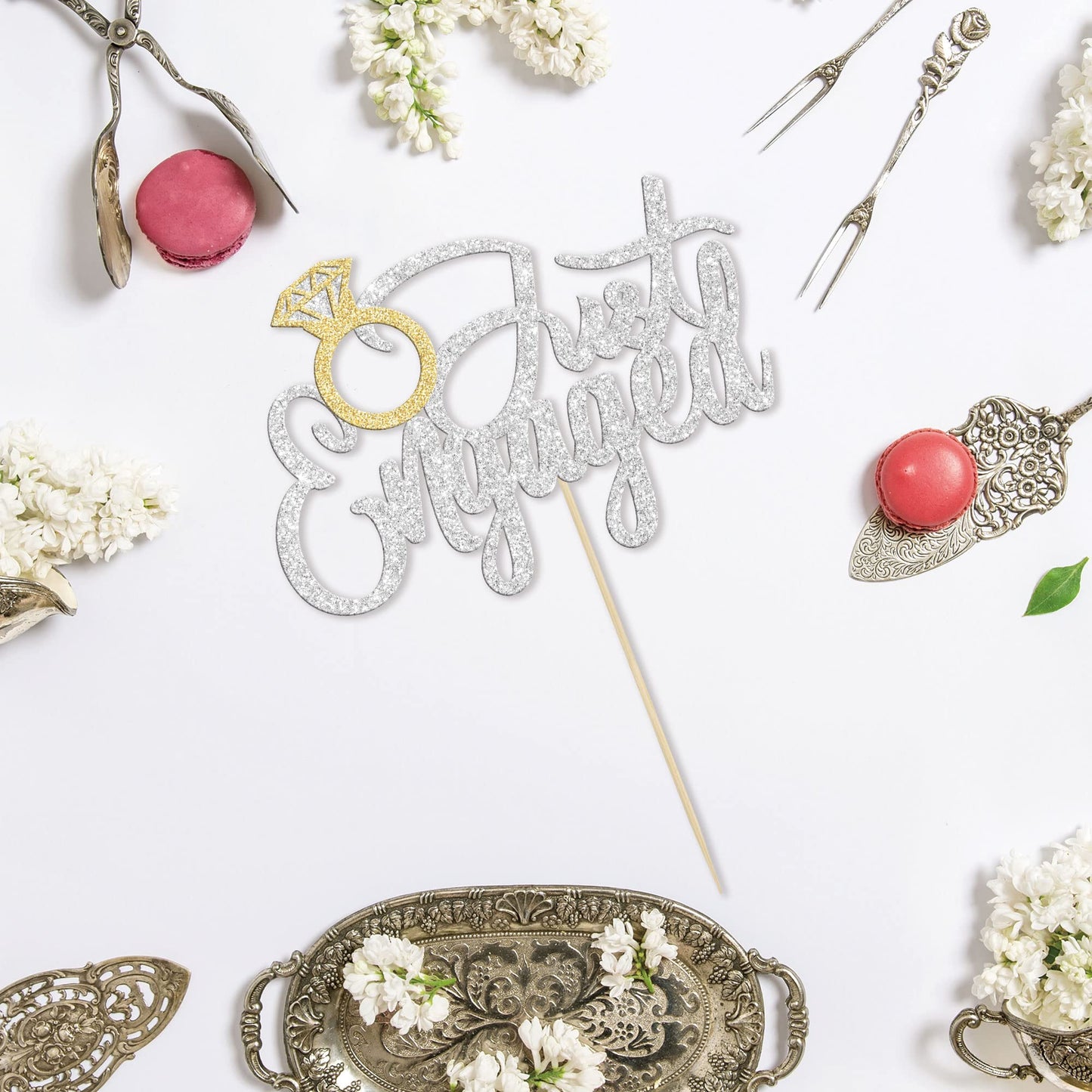 Gyufise Just Engaged Cake Topper Glitter Silver Small Wedding Cupcake Decoration UKZN0552-SL