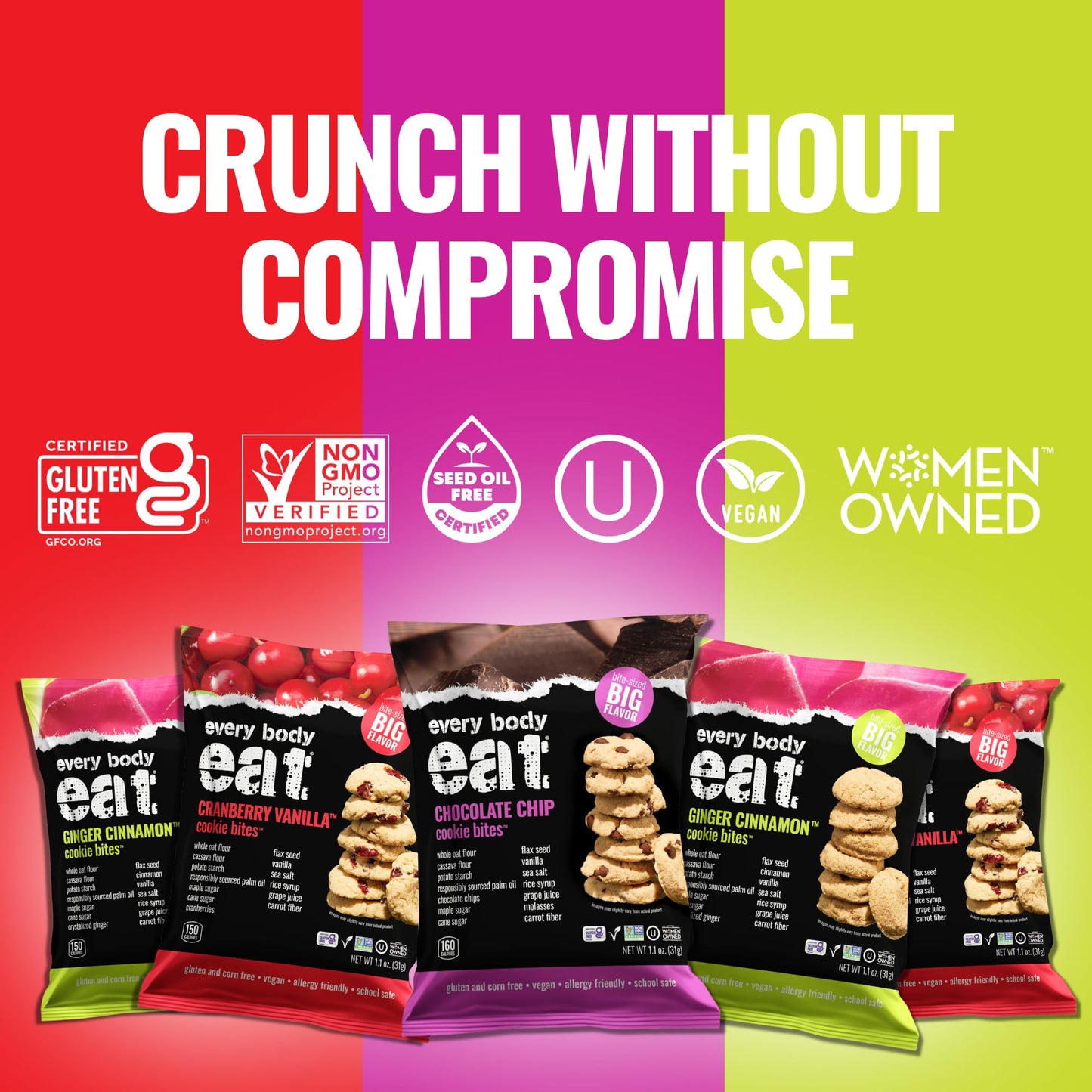 Every Body Eat Crunchy Cookie Bites, Gluten & Dairy Free, Vegan, School Safe Lunch Snacks, Single Serve (Pack Of 20) (Variety Pa
