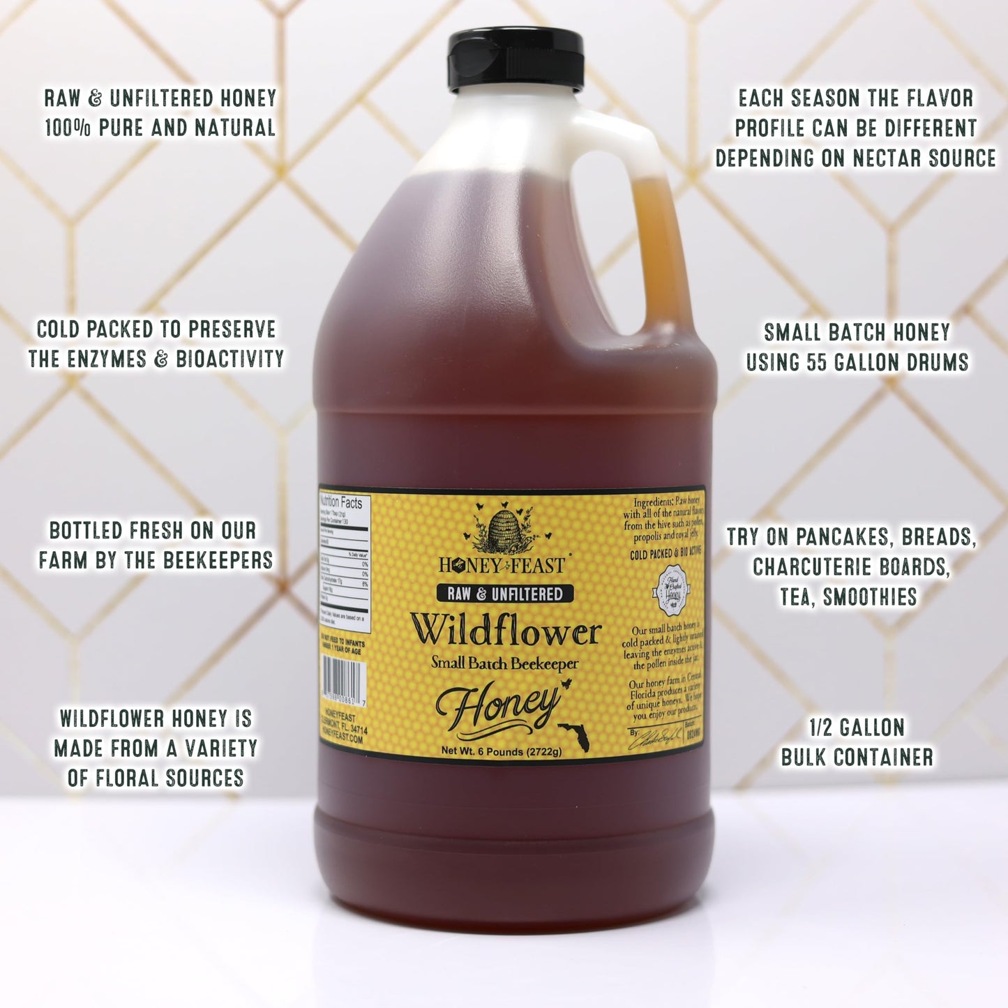 Honey Feast Wildflower Honey - 6 Pounds (1/2 Gallon) Bulk Honey, All Natural, Unfiltered, Unheated Honey, Perfect For Sweetening