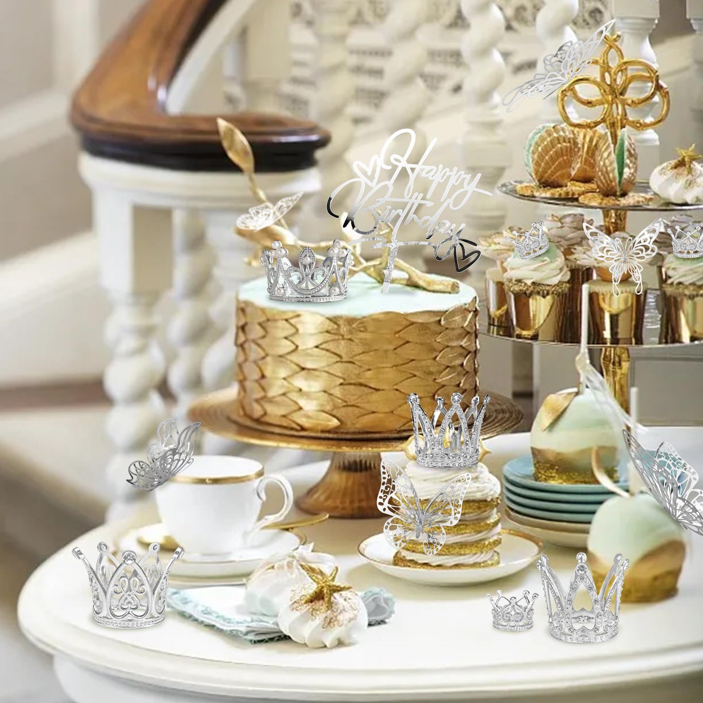 44 Pcs Silver Crown Cake Decoration 16 Pcs Mini Crown Tiny Crown With 24 Pcs Butterfly Wall Decors And 4 Pcs Birthday Cake Toppe