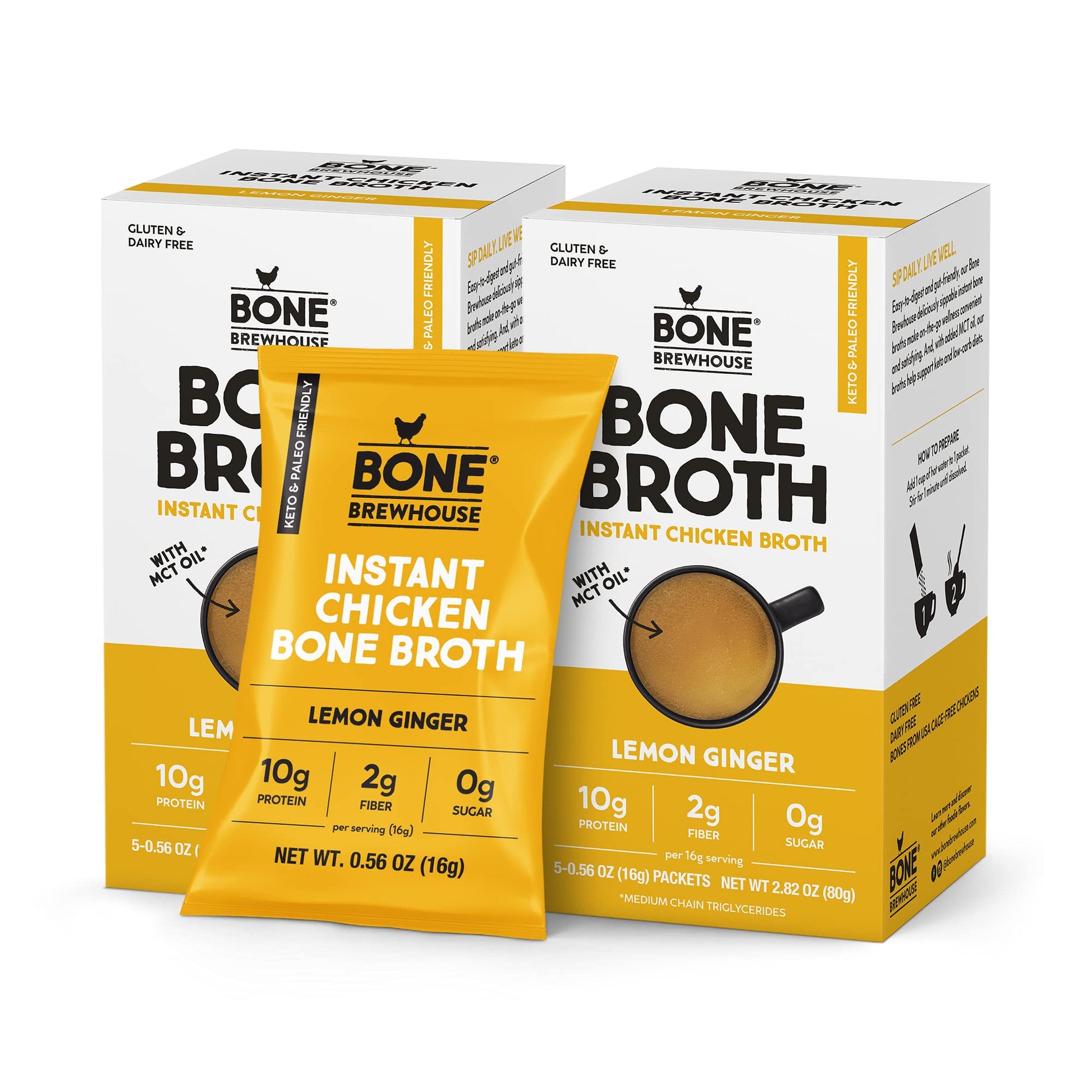 Bone Brewhouse - 2 pack - Chicken Bone Broth Protein Powder - Lemon Ginger Flavor - Keto & Paleo Friendly - Instant Soup Broth -