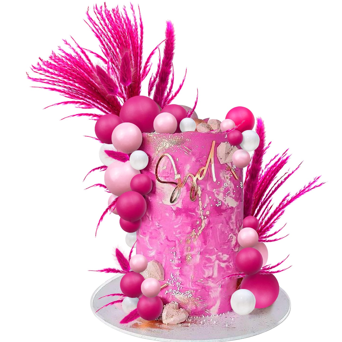 40 Pcs Hot Pink Girl Cake Toppers Ball Decoration Boho Bunny Tails Reed Grass For Wedding Birthday Baby Shower Party Supplies