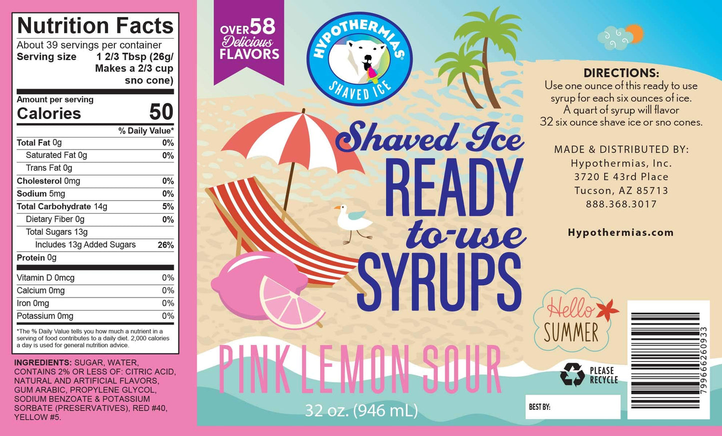 Hypothermias Shaved Ice & Snow Cone Syrup - BPA-Free Plastic Bottle Quart (32 Fl. Oz) - Pink Lemon Sour - Non-GMO 100% Pure Cane