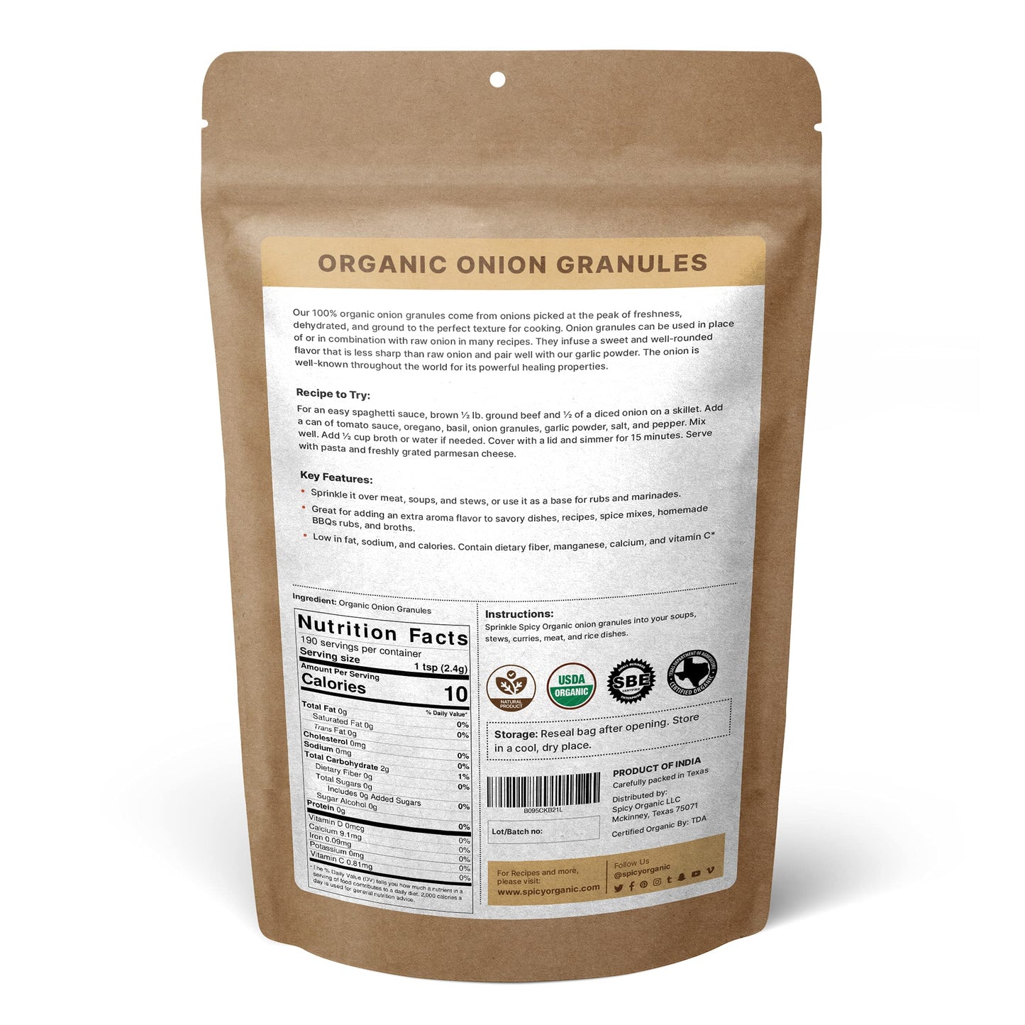 Spicy Organic Onion Granules - Pure Usda Organic - Non-Gmo Culinary Granulated Onion- Perfect For Use In Sauces, Soups, Salad Dr