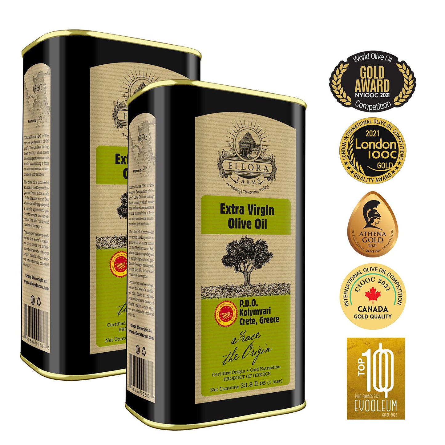 Ellora Farms Single Estate Traceable Extra Virgin Olive Oil 1 Liter Pdo Tins | 2 Pack