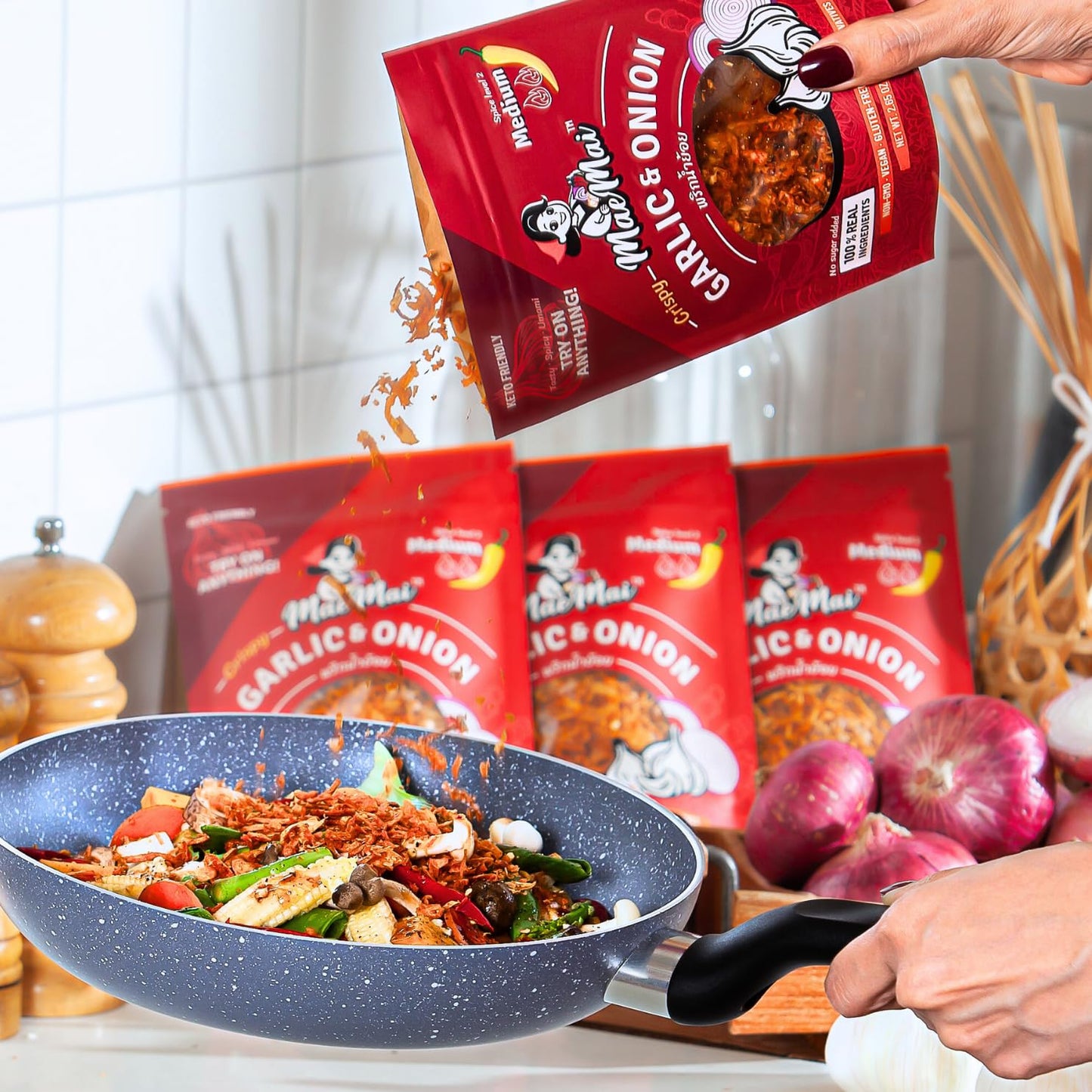 Maemai Chili Crisp (Medium Hot Spice) - Spicy Umami Onion & Garlic Flakes - All-Purpose Seasoning, Topper | Chili Oil Without Th