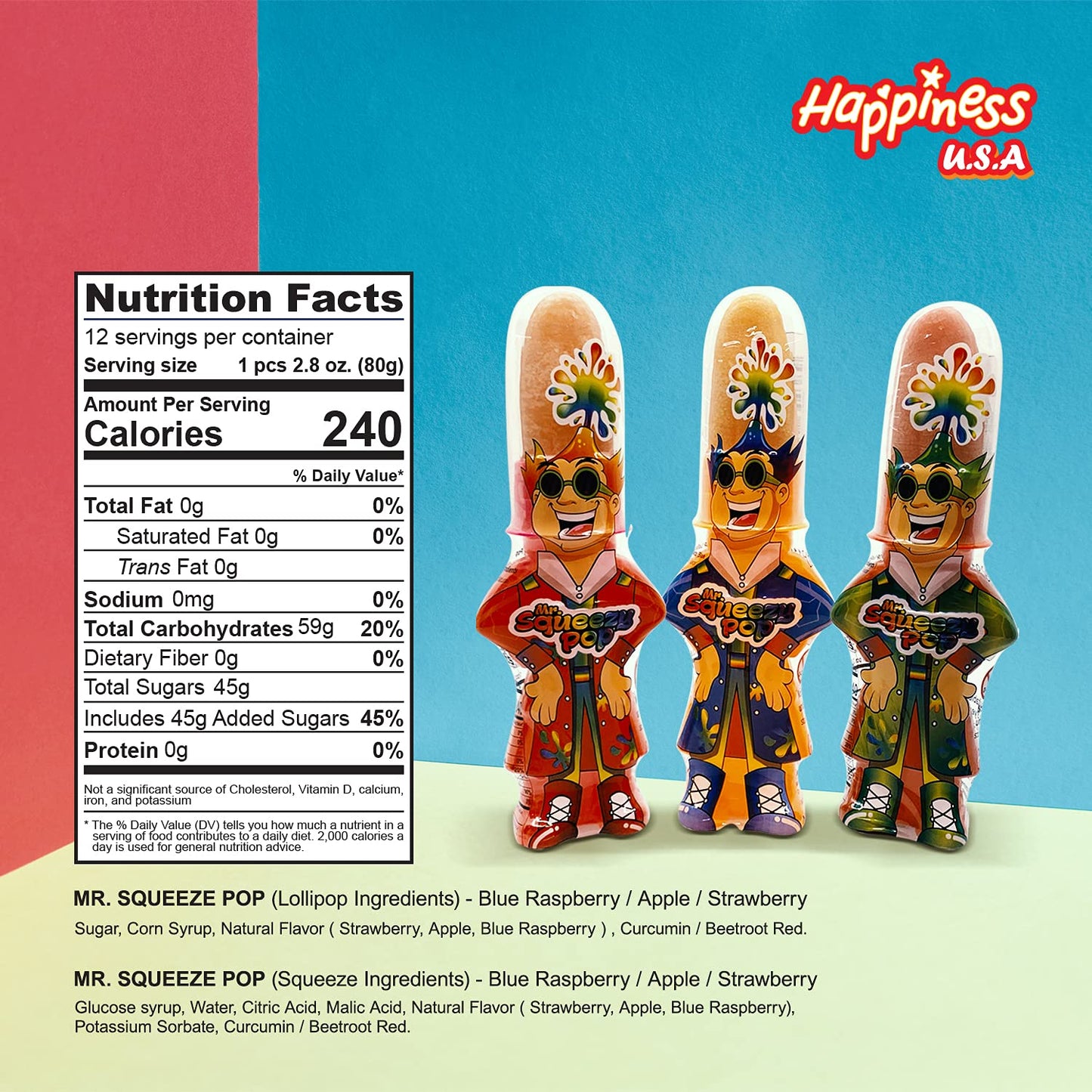 Happiness Usa 12 Pieces Mr. Squeezy Pop Squeeze N Lick Sour Candy & Lollipop - Strawberry, Apple, And Blue Raspberry Flavors - K