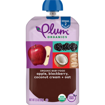 Plum Organics | Stage 2 | Organic Baby Food Meals [6+ Months] | Apple, Blackberry, Coconut Cream & Oat | 3.5 Ounce Pouch (Pack Of 12)