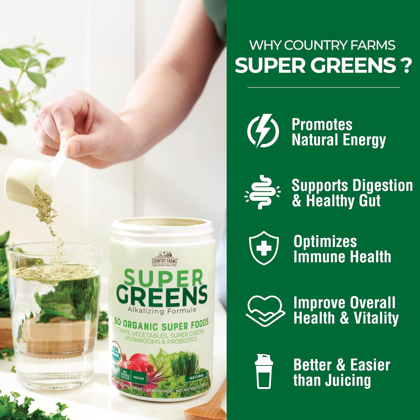 COUNTRY FARMS Organic Super Greens Drink Mix, 50 Super Foods, 20 Servings, Green, Model N9265