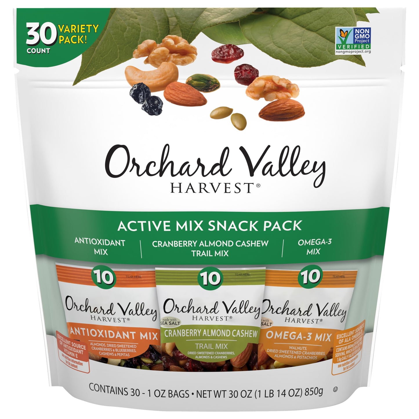 Orchard Valley Harvest Active Snack Pack Mix, 1Oz Bags (Variety Pack Of 30), Antioxidant Mix, Cranberry Almond Cashew, Omega-3 T