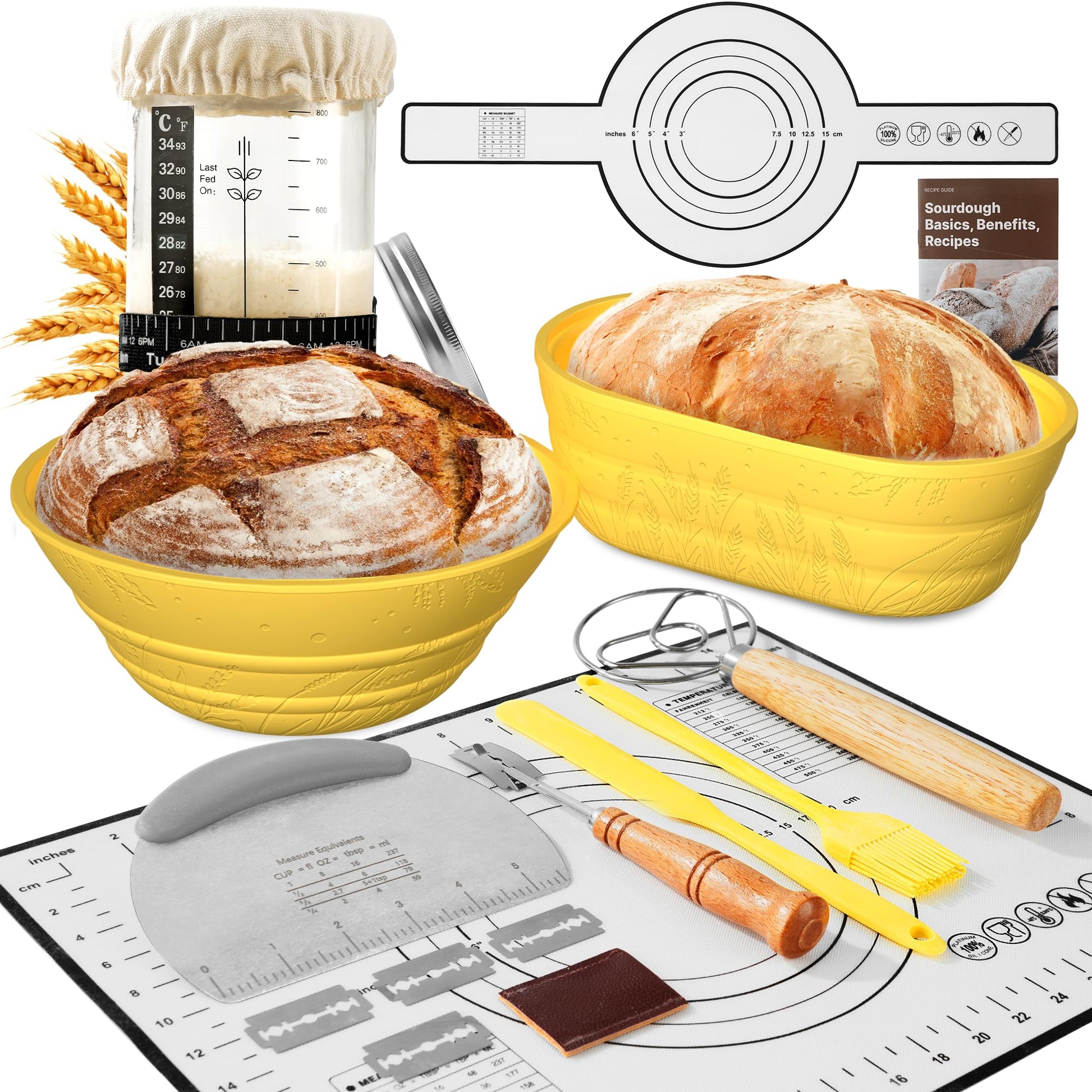 BICRET Sourdough Starter Kit – Complete Baking Supplies for Beginners, 2 Silicone Proofing Baskets, Yellow, Model FJ-3-4C