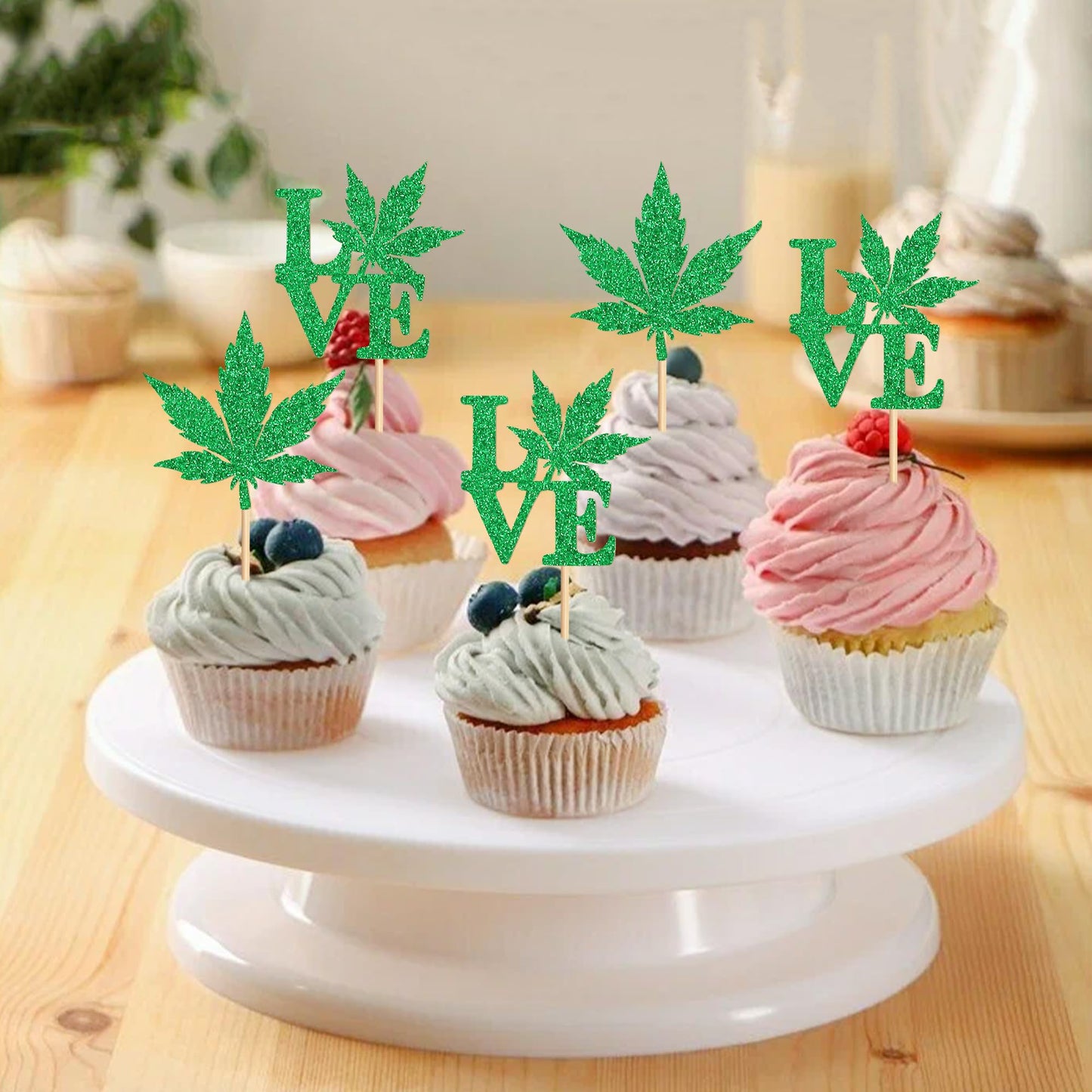 Ercadio 24 Pcs Green Glitter Cupcake Toppers for Birthday Party Decorations