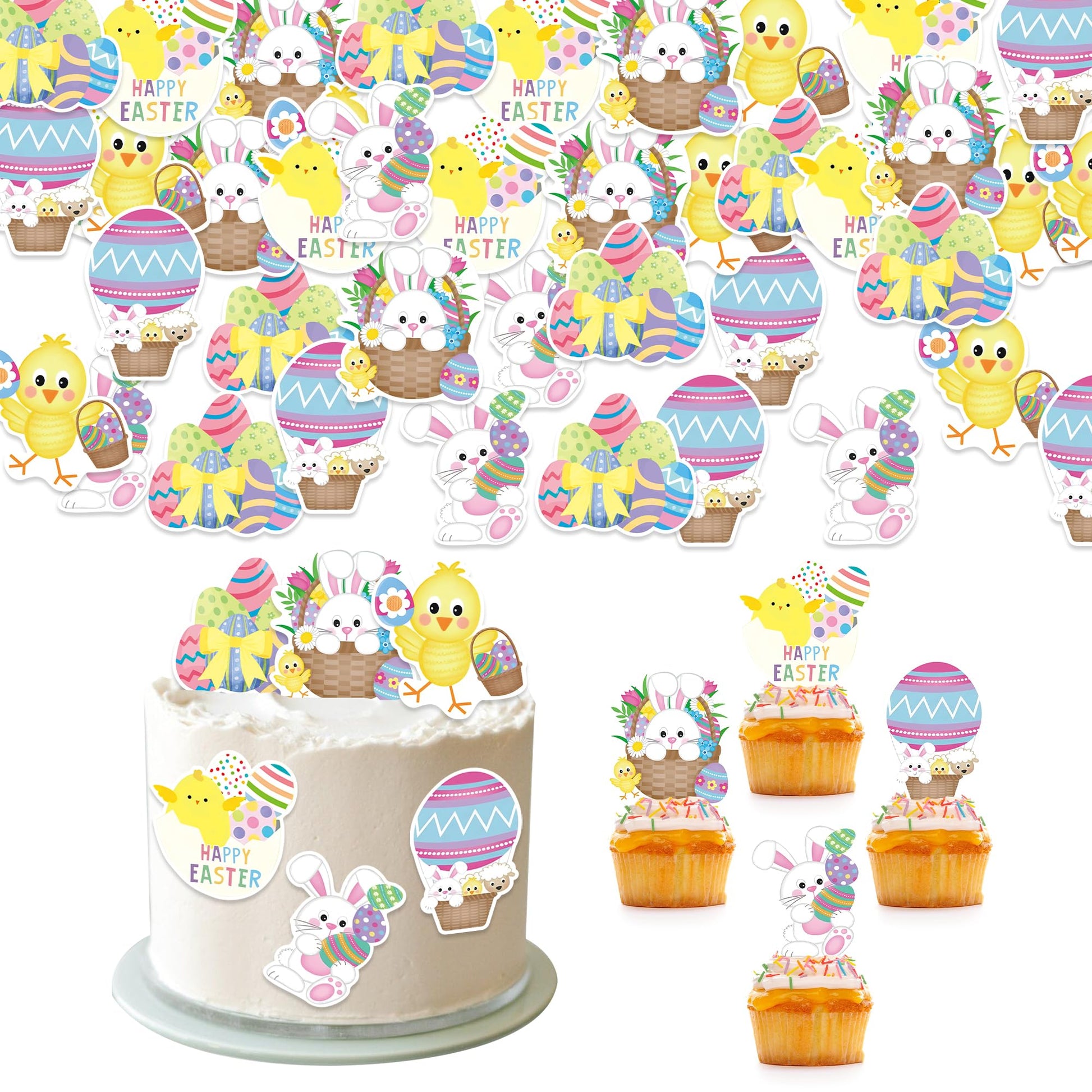 Foowztao 42Pcs Happy Easter Cupcake Toppers Wafer Paper Cake Picks Easter Theme Birthday Party Spring Theme Baby Shower Party Su
