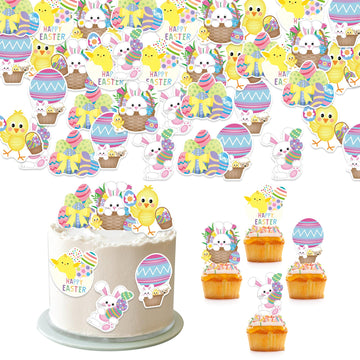 Foowztao 42Pcs Happy Easter Cupcake Toppers Wafer Paper Cake Picks Easter Theme Birthday Party Spring Theme Baby Shower Party Su