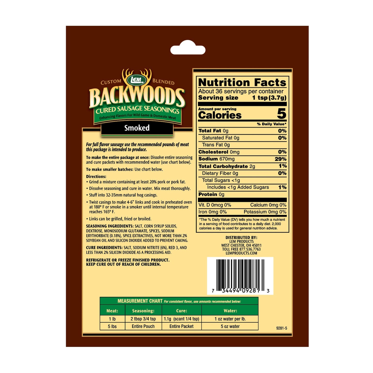 LEM Backwoods Cured Sausage Seasoning with Cure Packet, Smoked Sausage, 1.46 Pound, Model 9282