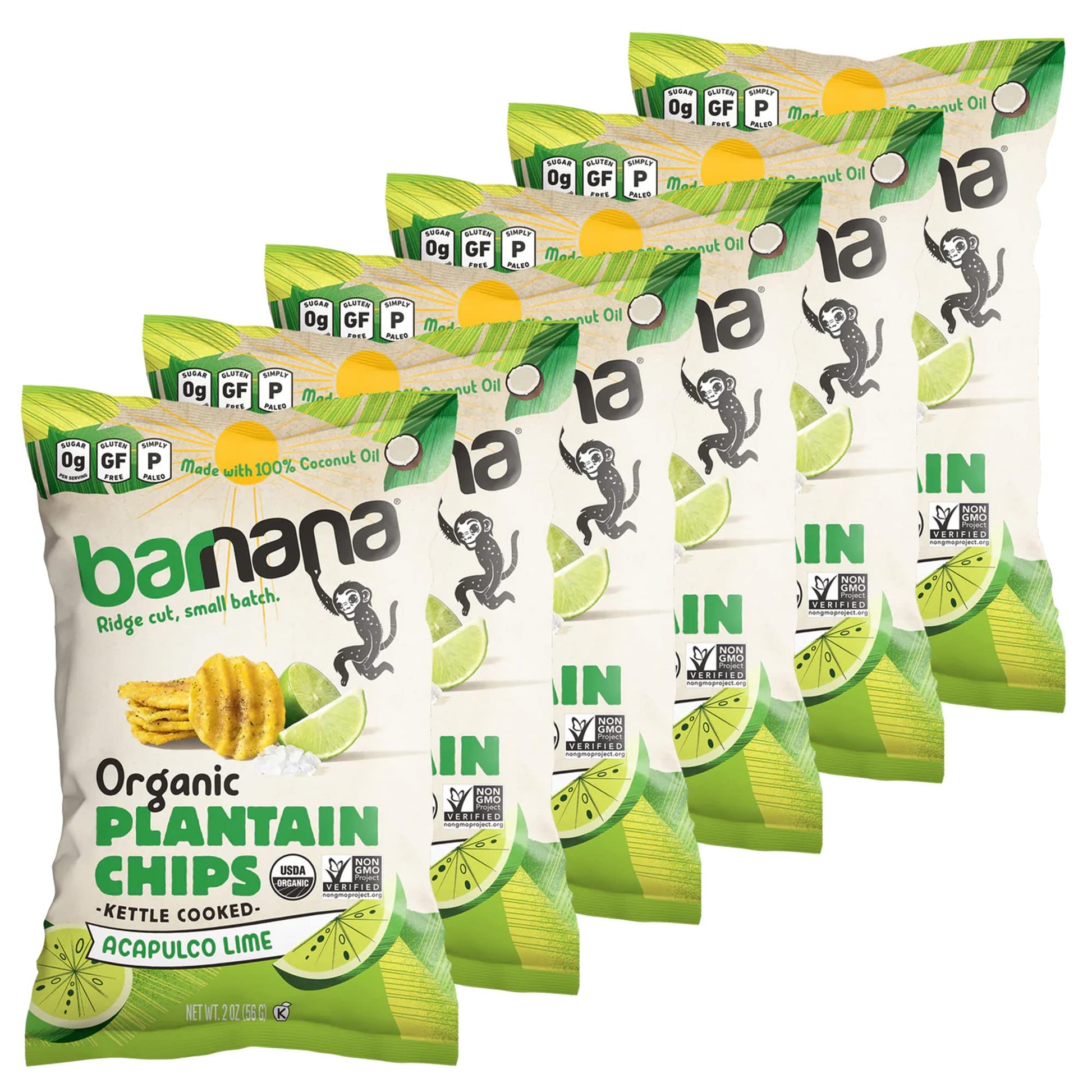 Barnana - Organic Plantain Chips, Acapulco Lime, Healthy Snack Made With 100% Coconut Oil, Non-Gmo, Potato Chip Alternative, Zero Sugar, Paleo, Grain-Free Chips, Vegan, Usda Organic (2 Oz, 6-Pack)