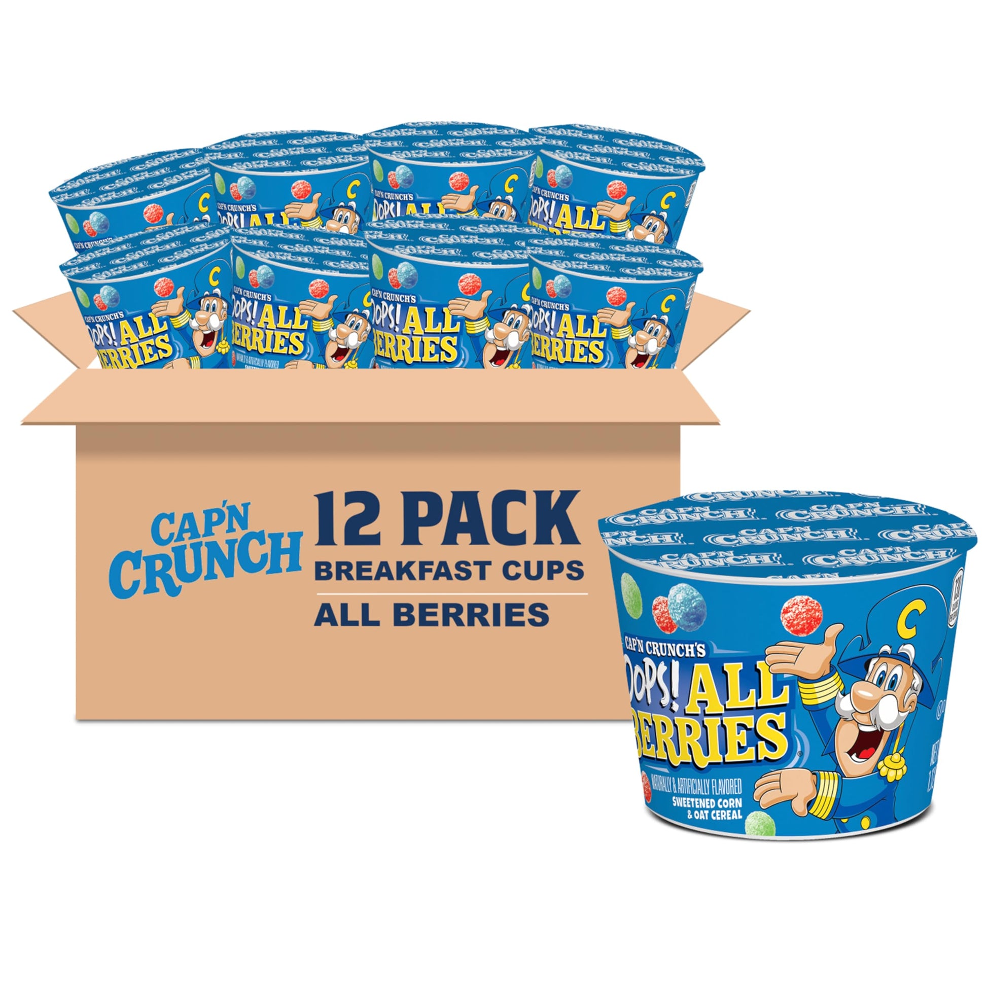 Cap'n Crunch Breakfast Cereal, Oops All berries, 1.12 Oz Individual Cups (12 Pack)