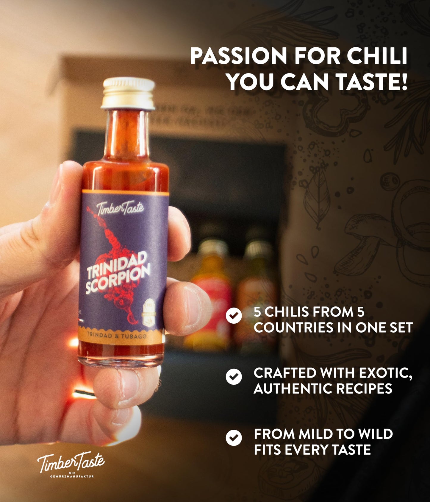 Timber Taste World Hot Sauce Gift Set [5X1.35 Oz] Hot Sauce Variety Pack - Spicy Condiment Set For Heat Lovers In Mini Bottles -