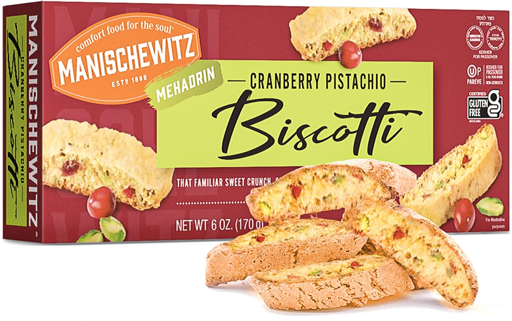 Manischewitz Gluten Free Cranberry Pistachio Biscotti, 6Oz | Dairy Free, Grain Free, Kosher For Passover