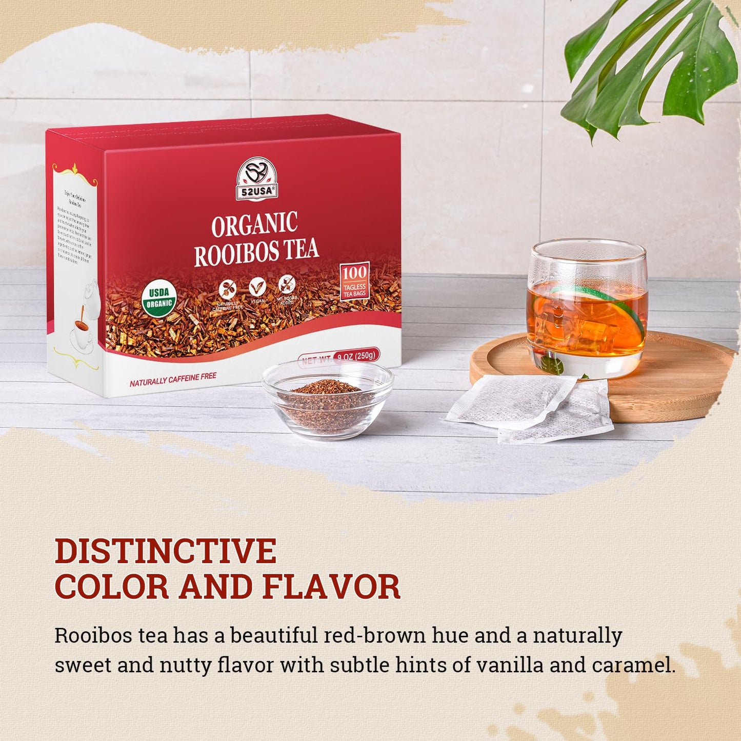 52USA Rooibos Tea Organic, Caffeine Free, 100 Tea Bags, Naturally Sweet, 9oz (250g)