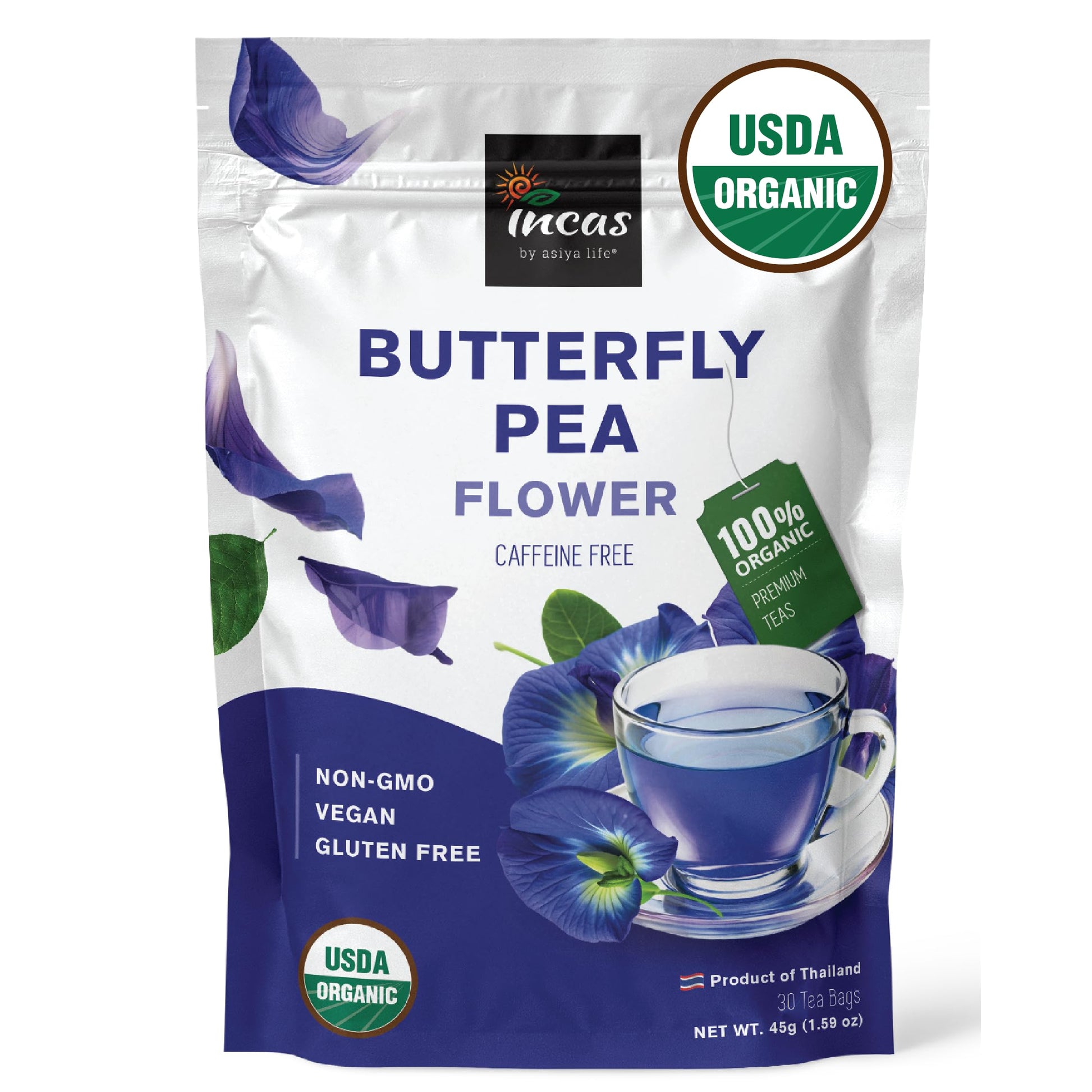 Incas Organic Butterfly Pea Flower Tea - 30 Non-GMO Caffeine-Free Tea Bags from Thailand