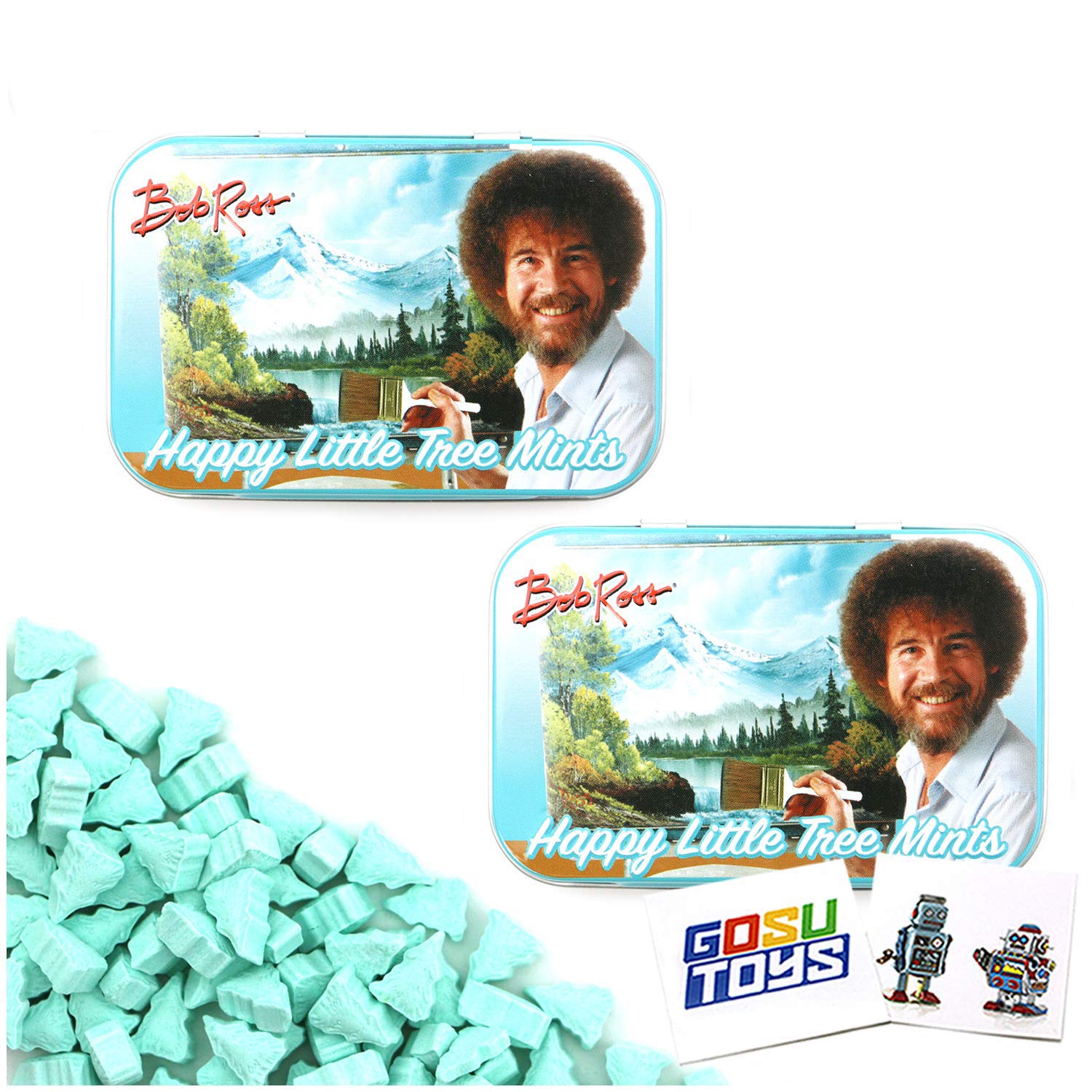 Bob Ross Happy Little Tree Mints Tin Candy (2 Pack) Peppermint Flavor Gift Stuffer With 2 Gosutoys Stickers