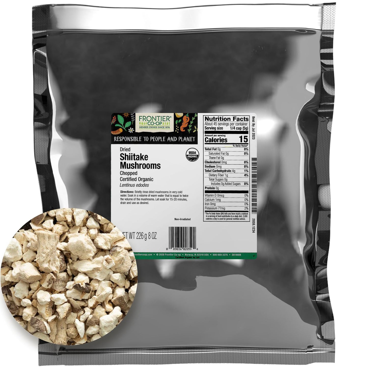 Frontier Co-op Mushrooms, Shiitake, Chopped, Certified Organic | 1/2 lb. Bulk Bag | Lentinus edodes