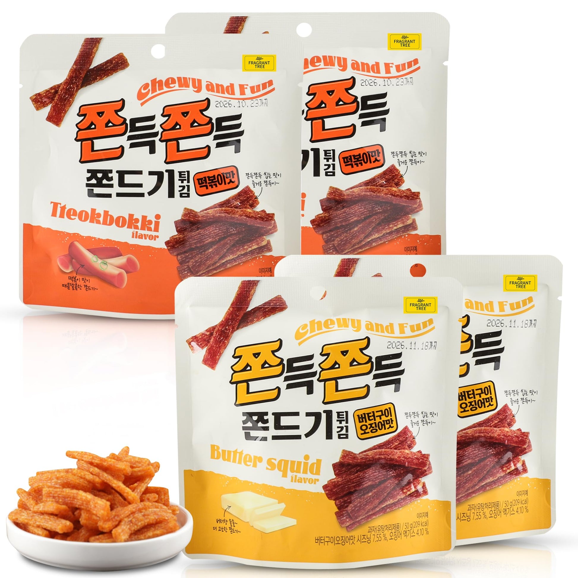 Jjondigi Korean Traditional Chewy Wheat Snack - Butter Grilled-styie Squid & Spicy Rice Cake Flavors(Tteokbokki) 4-Pack (7oz / 5