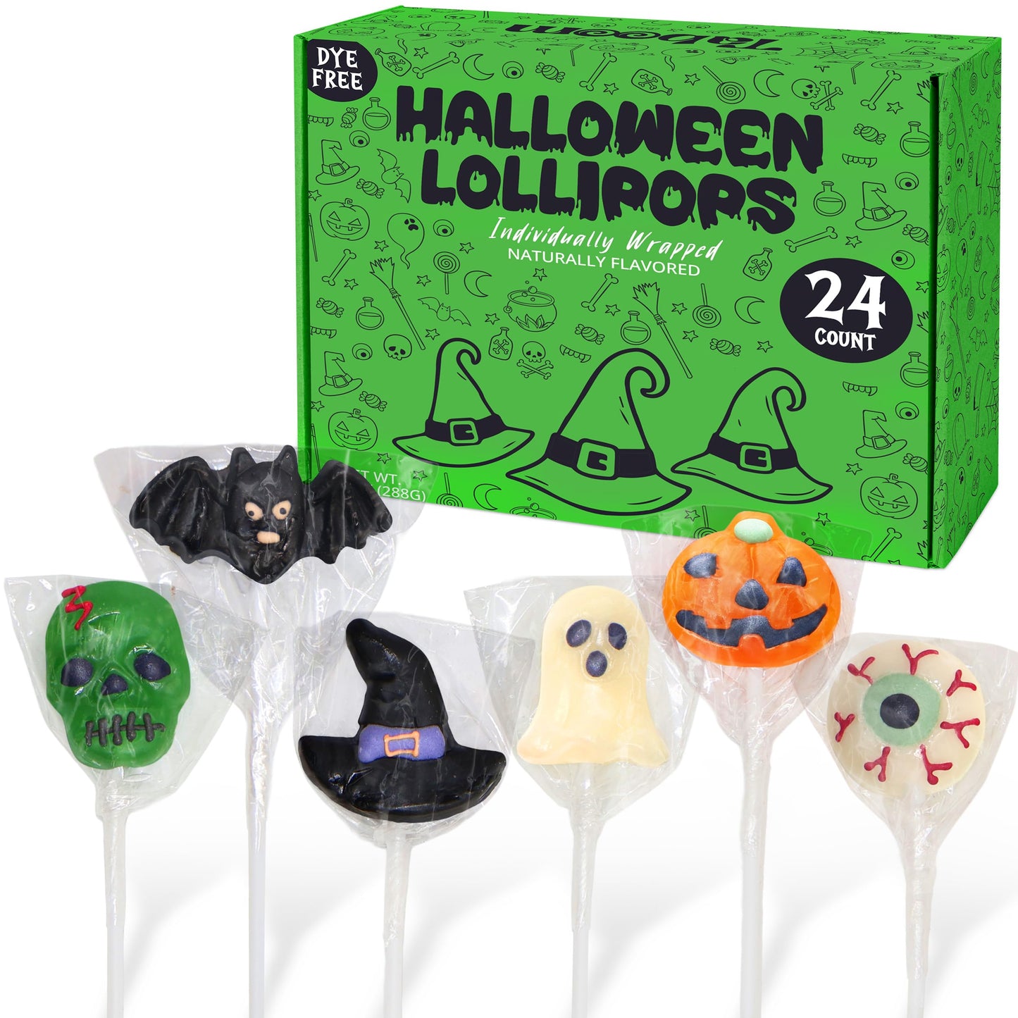 Halloween Lollipops 24 Count Individually Wrapped Dye-Free Suckers, Spooky Themed Shapes - Fun Halloween Candy For Trick-or-Trea