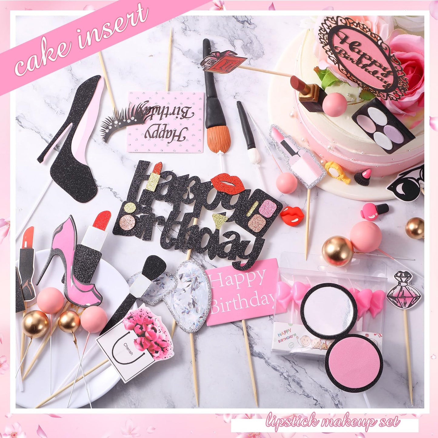 Beeveer 42 PCS Makeup Cake Topper Decorations Cosmetics Theme Bridal Cake Topper Party Lipstick Perfume Picks for Bridal Shower
