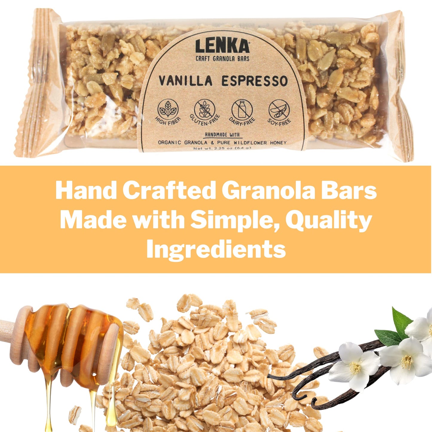 Lenka Handmade Craft Granola Bars - Vanilla Espresso Gluten Free High Fiber - Nutritious & Delicious Snack Bar - 12 Pack