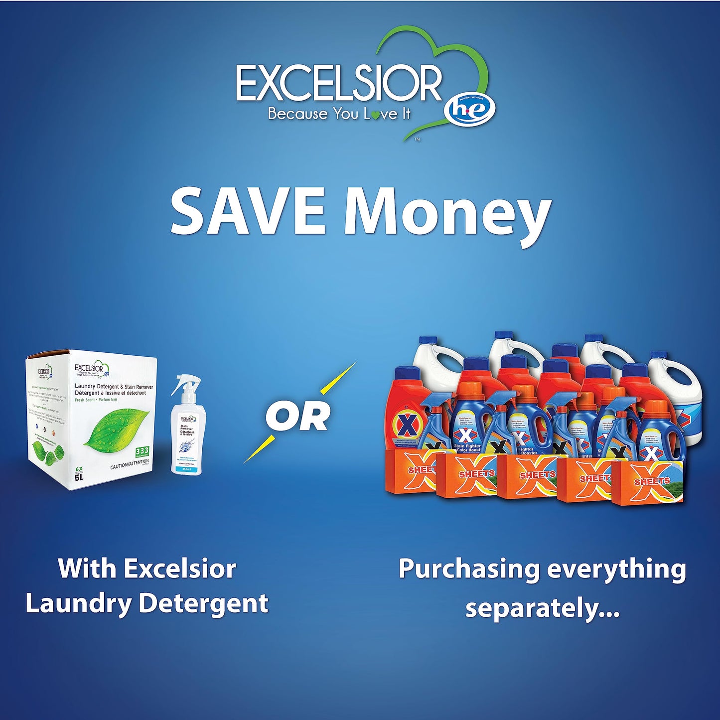 Excelsior HE Concentrated Liquid Laundry Detergent, 5L, Phosphate-Free, Stain Remover, Fresh Scent, 333 Loads, 1 Count