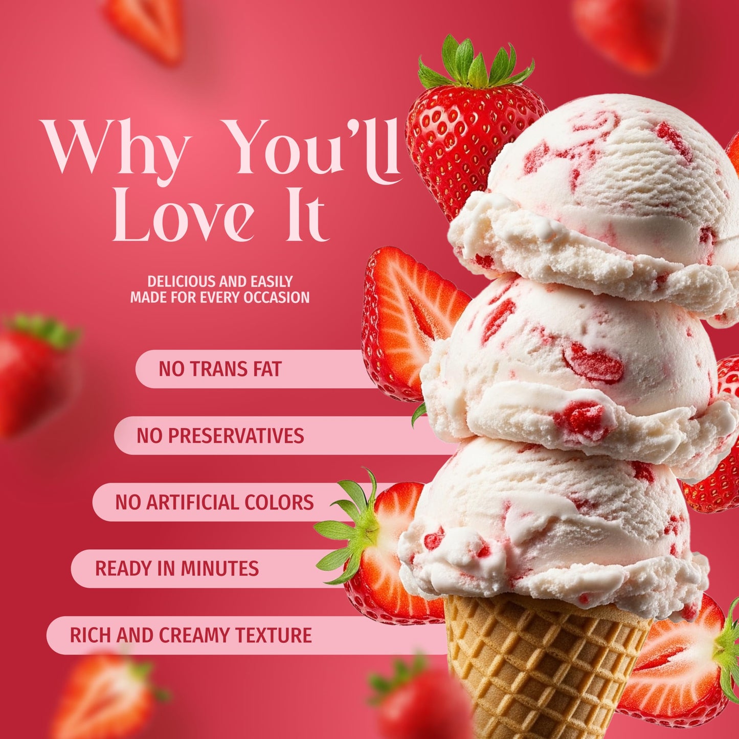 Triple Scoop Ice Cream Mix, Non-GMO, Strawberry Flavor, 12.8 Ounce, Ready in Under 30 Mins