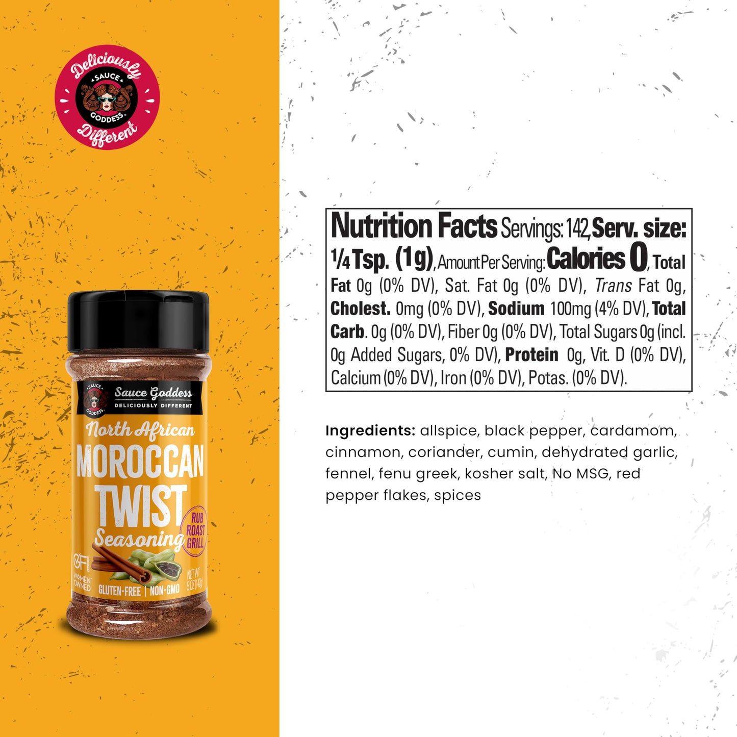 Sauce Goddess Moroccan Twist Spice Shaker, Exotic Blend with Cardamom & Cinnamon, Gluten-Free, Low Sodium, 5oz