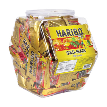 Haribo Gummy Bears Bulk Pack | 100 Individually Wrapped Fun Size Candy Packs In Reusable Plastic Tub | Gummie Gold-Bears In Asso
