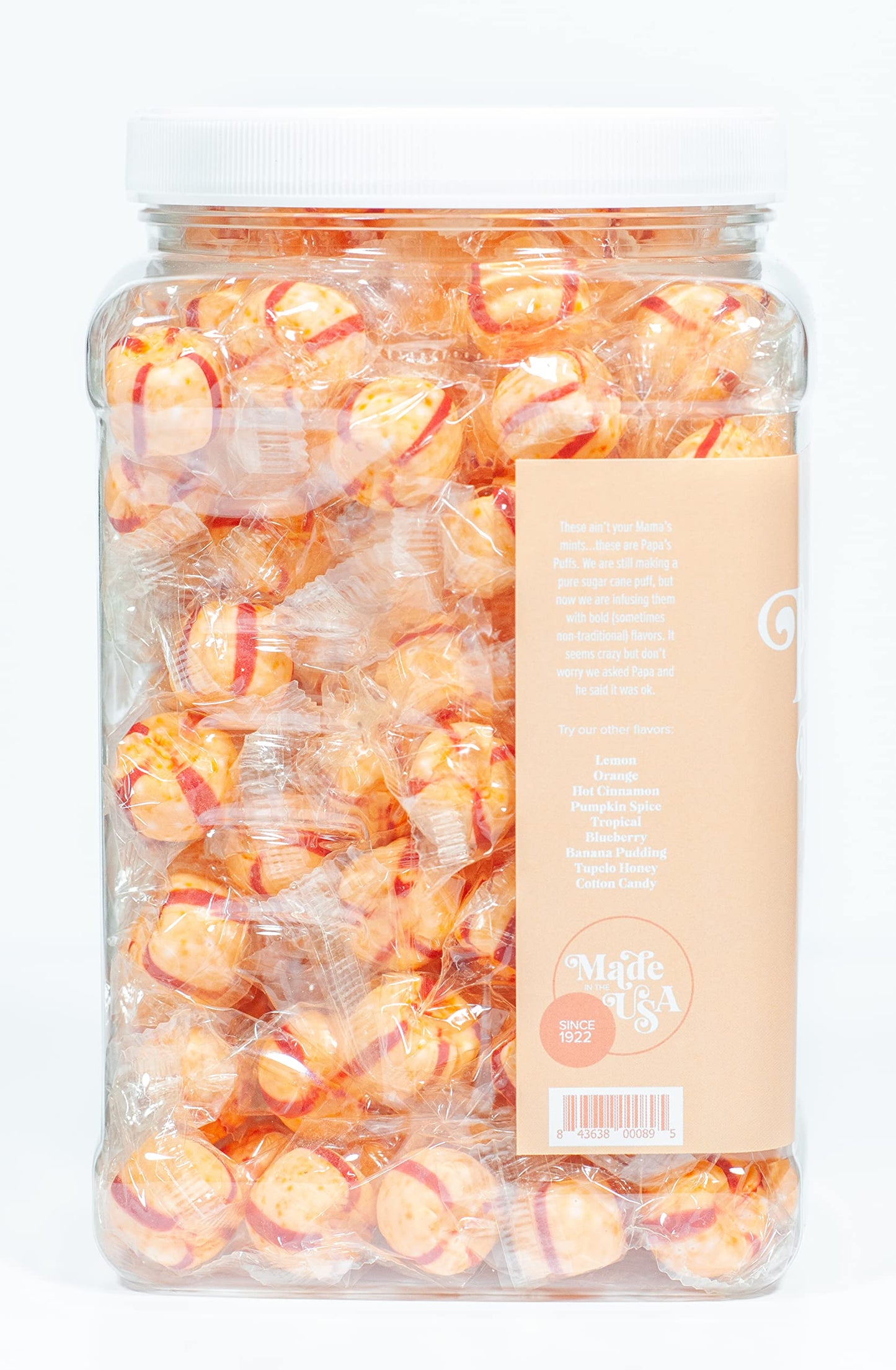 Papa'S Puffs Georgia Peach Flavored Pure Sugar Candy - Individually Wrapped In Resealable Tub - Fat-Free, Gluten-Free, Cholester