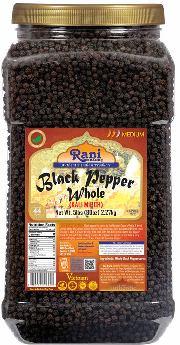 Rani Black Pepper Whole (Peppercorns), Premium Mg-1 Grade 80Oz (5Lbs) 2.27Kg Bulk Pet Jar ~ All Natural | Gluten Friendly | Non-Gmo | Kosher | Product Of Vietnam | Perfect Size For Grinders!