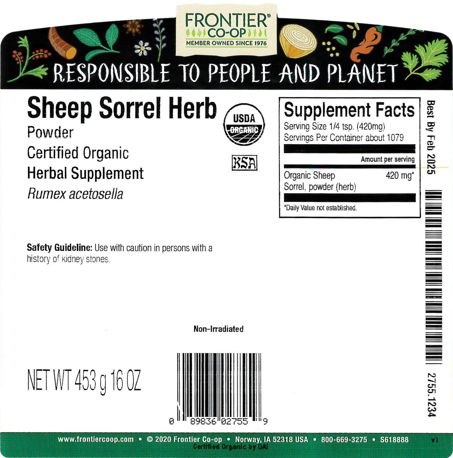 Frontier Co-Op Sheep Sorrel Powder, Certified Organic, Kosher | 1 Lb. Bulk Bag | Rumex Acetosella L.