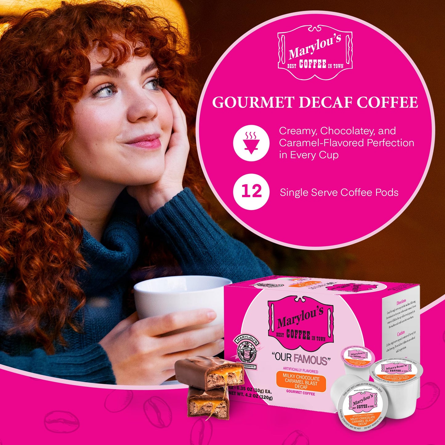Marylous Coffee Decaf Milky Chocolate Caramel Blast Flavored Coffee, Medium Roast, Compatible with Keurig, 12 Single Serve Cups