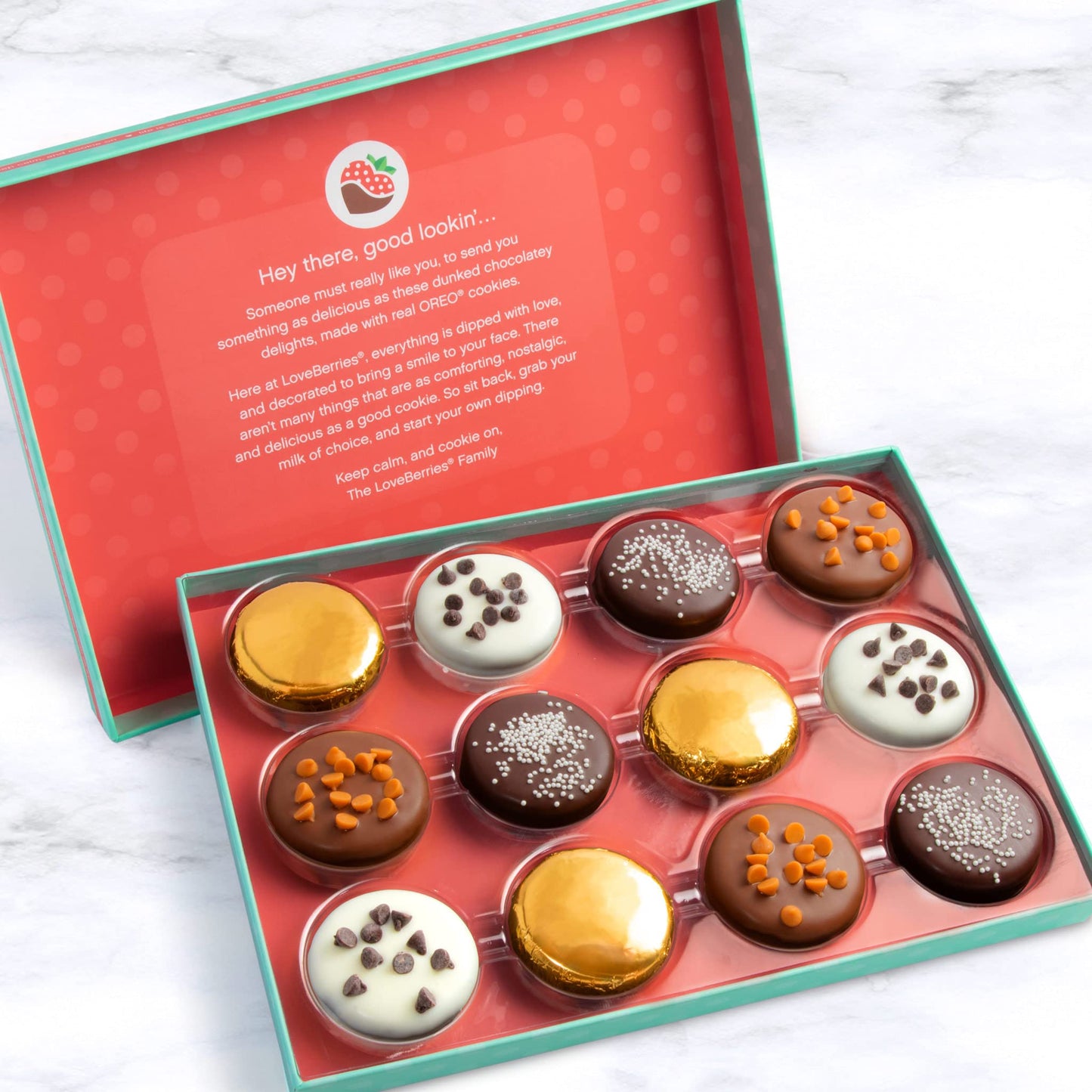 A Gift Inside Deluxe Chocolate Covered Oreos - 12 Piece Assortment - Milk, White, Dark