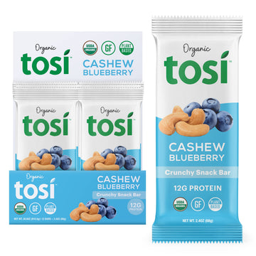 Tosi Cashew Blueberry Protein Bars, Plant Based with Nuts, Gluten-Free Crunchy Snacks, Vegan, Organic, Flax & Chia Seeds, Soy-Fr